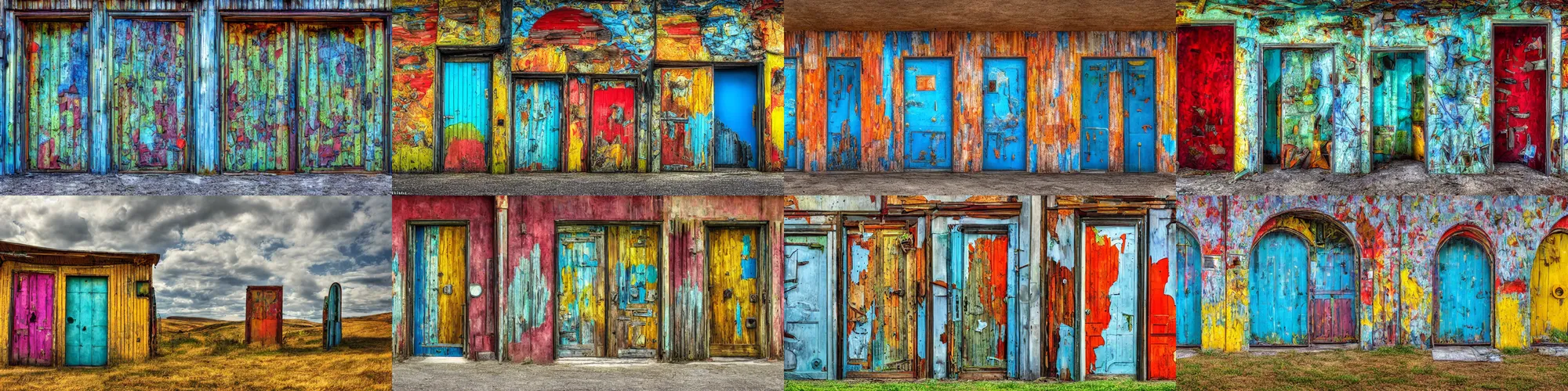 Prompt: An epic wide shot of a surreal landscape of vibrant rolling hills with doors of various shapes, sizes and colors, wood, peeling paint, metal, fantasy