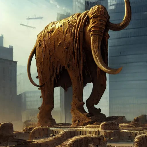 Image similar to golden mammoth in a ruined city, artstation, cgsociety, cgi, digital arts, realistic, awards winning, dramatic, cinematic, artistic, famous, detailed
