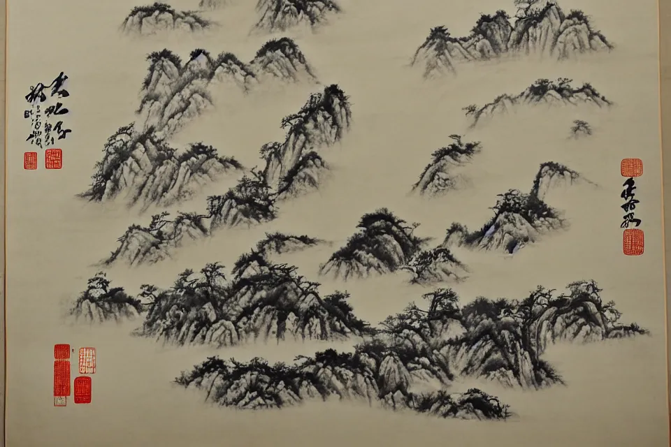 Image similar to plotter drawing the life, traditional chinese ink painting, yellowing paper.