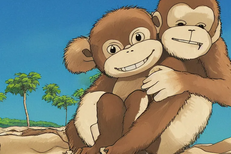 Image similar to high definition illustration of a monkey holding its baby in its lap, while walking along the beach, studio ghibli style, highly detailed, fun,