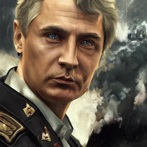 Image similar to Death of Vladimir Putin as General Sebastiano Di Ravello from Just Cause 2 game, portrait, highly detailed, digital painting, artstation, concept art, smooth, sharp focus, illustration, cinematic lighting, art by artgerm and greg rutkowski and alphonse mucha