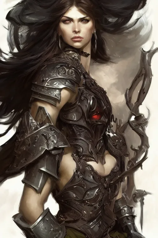 Prompt: a finely detailed portrait of an attractive woman clothed in battle armor, olive skin, long dark hair, beautiful bone structure, symmetrical facial features, intricate, elegant, digital painting, trending on Artstation, concept art, smooth, sharp focus, illustration, from World of Warcraft, by Ruan Jia and Mandy Jurgens and Artgerm and william-adolphe bouguerea, award winning