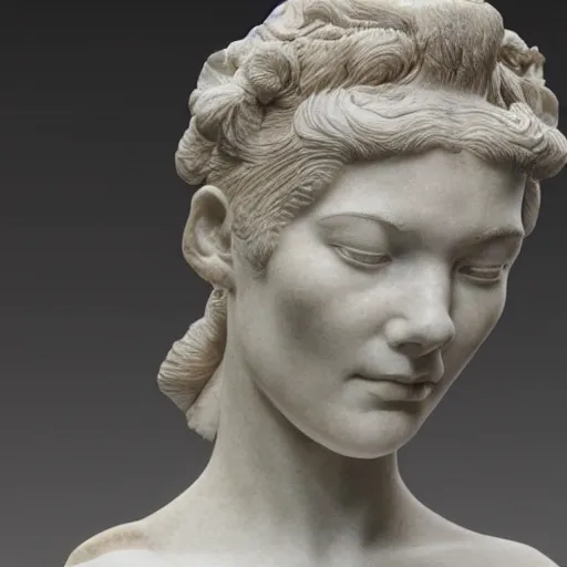 Image similar to lifelike, detailed marble bust of bjork's face, artifact from ancient greece