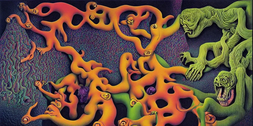 Prompt: basilisk, pain, pleasure, suffering, adventure, ( ( ( psychedelic dripping color ) ) ) love, abstract oil painting by mc escher and salvador dali gottfried helnwein