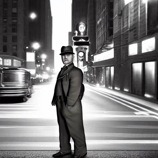 Image similar to a picture of a man with the face of a brown llama, wearing a 1 9 4 0's noire detective outfit, standing in the streets of chicago at night, 4 k octane render highly realistic photograph