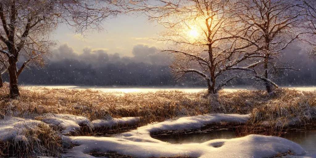 Prompt: a beautiful lake landscape in winter with snow, romantic ambiente, reed on riverbank, no mountains, clear sky, sunshine, colorful, by Ernest deutsch + Ted Nasmith, cinematic lighting, masterpiece, highly detailed, 8k resolution, trending on art station