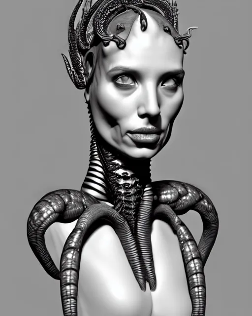 Prompt: a black and white 3D render of a young beautiful female queen-dragon-cyborg bust with a very long neck and Mandelbrot fractal face, Mandelbrot fractal skin, flesh, anatomical, facial muscles, veins, arteries, elegant, highly detailed, flesh highly ornated, hair are cable wires, elegant, high fashion, rim light, octane render, in the style of H.R. Giger, Realistic, Refined, Digital Art, Highly Detailed, Cinematic Lighting, rim light, black and white, photo-realistic, 8K