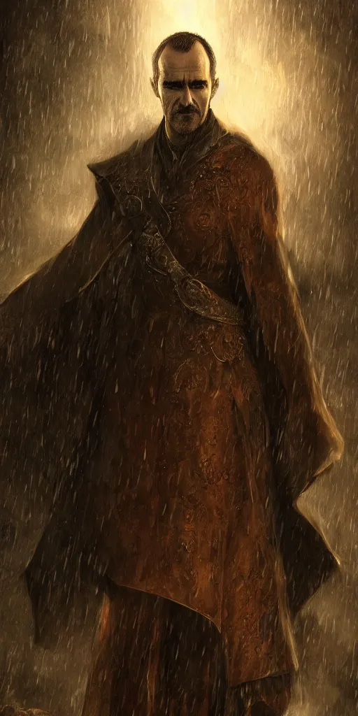 Prompt: stannis baratheon, artstation, high detail, dramatic lighting, heavy rain