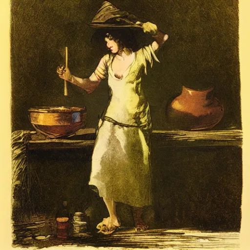 Prompt: A witch making potions in her cauldron. By Francisco de Goya.