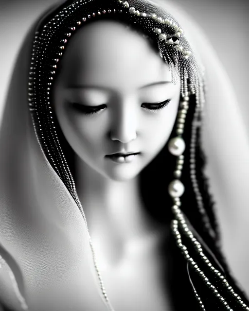 Image similar to black and white dreamy young beautiful veiled female artificial intelligence, realistic pearl ornament in the face, long hair are intricate with highly detailed realistic pearls, cinematic, rim light, bokeh, photo - realistic, elegant, high detail, 8 k, masterpiece, photo taken in 1 9 3 0