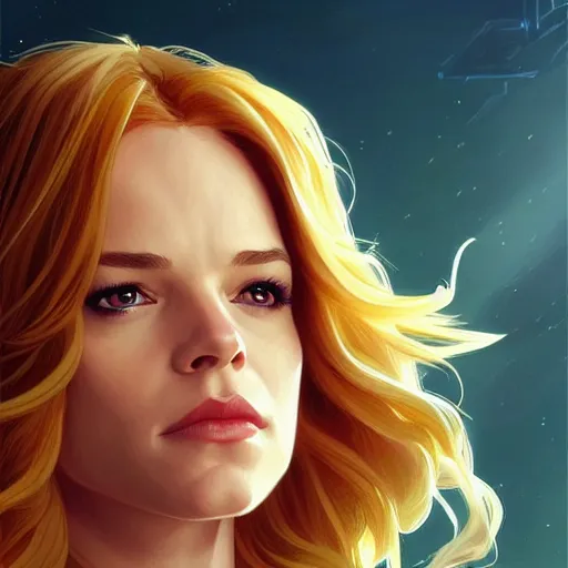 Image similar to Danielle Panabaker with blonde hair as Kid Flash, western, D&D, fantasy, intricate, elegant, highly detailed, digital painting, artstation, concept art, matte, sharp focus, illustration, art by Artgerm and Greg Rutkowski and Alphonse Mucha