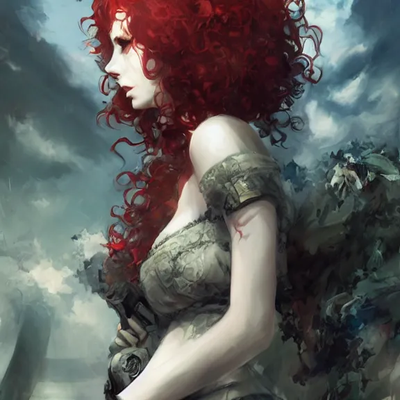 Image similar to christina hendricks!!! goth, tankoban, 4 k, tone mapping, akihiko yoshida, james jean andrei riabovitchev marc simonetti, yoshitaka amano, long hair, curly, h. hydrochaeri