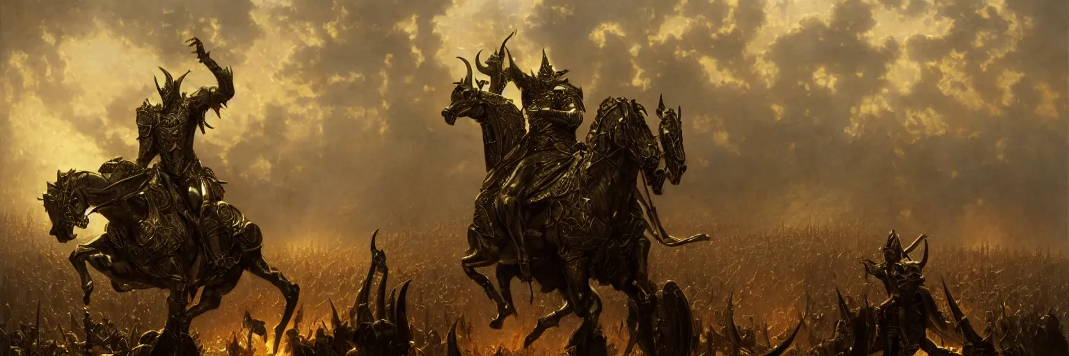 Prompt: sauron in a golden armor in a battlefield, dark foggy background, painting by gaston bussiere, j. c leyendecker, gustave dore, extremely realistic and highly detailed 8 k, sharp focus, mysterious atmospheric lighting, octane render, dramatic volumetric lighting, golden ratio, extremely realistic faces