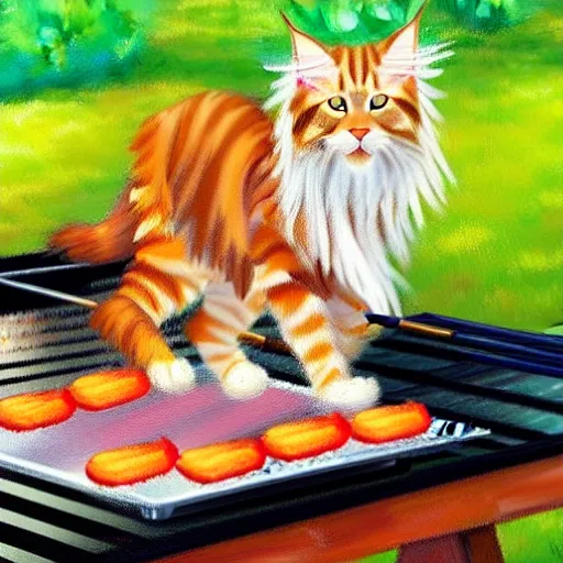 Image similar to beautiful impressionist painting of an ginger maine coon with a white beard cooking a bbq outside