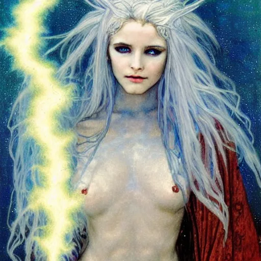 Prompt: head and shoulders portrait of a female lightning genasi with blue skin and white hair made of sirrus clouds, full white robes, medieval, fantasy, d & d, luis royo, klimt, alphonse mucha