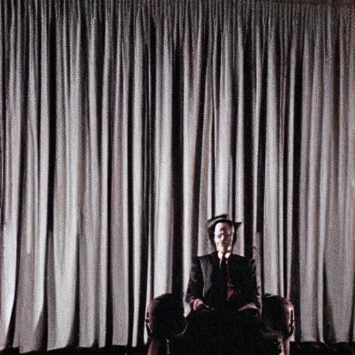 Image similar to the black lodge, Twin Peaks (1990), eerie surreal nightmare, david lynch, red curtains, ominous