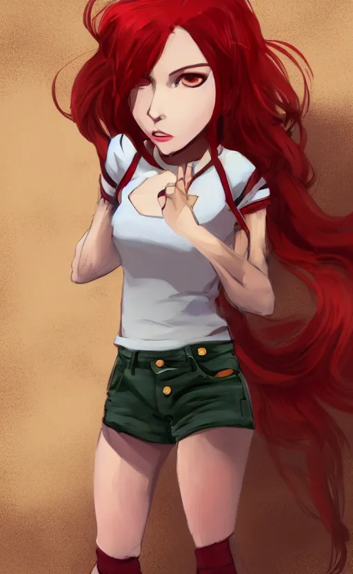 Prompt: full-body shot of an attractive tomboy girl with long, crimson red hair and red eyes, wearing a dark red shirt and green jeans with a stern look, concept art, character design