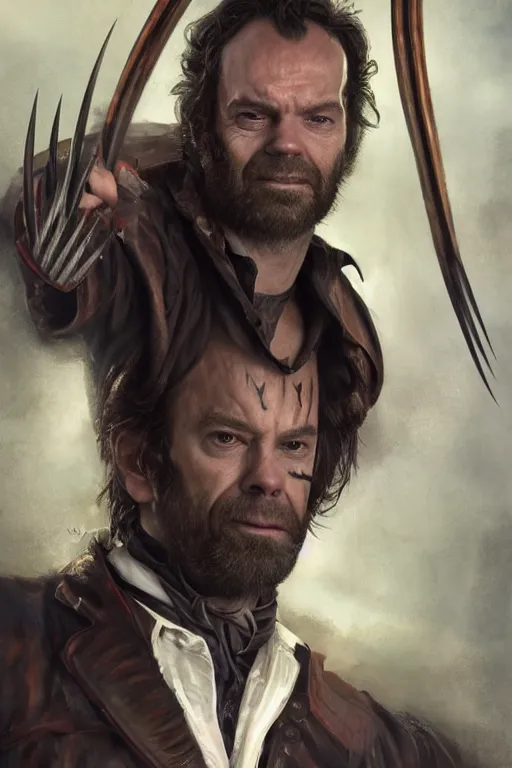 Image similar to a full body high detail fantasy portrait oil painting illustration of a Hugo Weaving as Wolverine by Justin Sweet with face and body clearly visible, in a scenic background, pupils visible, realistic proportions, artstation trending, high quality, sombre mood, artstation trending, muted colours, no crop, entire person visible!, natural light, dusty, Adobe Photoshop, Adobe Lightroom, photolab, Affinity Photo,