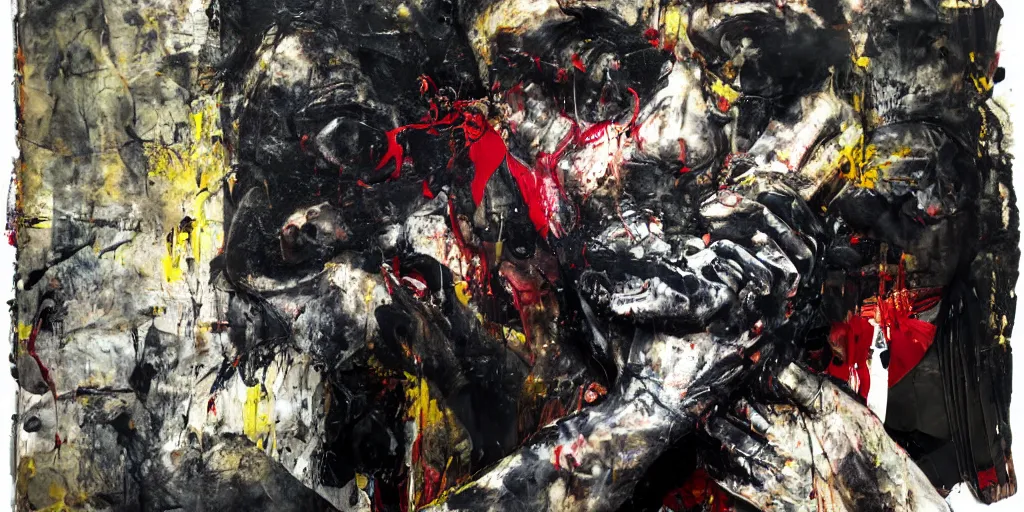 Prompt: single runner hiding his face with hands, fast, medium shot, melting, painted by Eugene Delacroix, Adrian Ghenie, 8k, Peter Doig, Antoni Tapies, textured oil paint, black melting paint drips all over