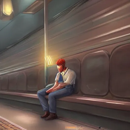 Image similar to a beautiful painting of a lonely man sitting in a subway seat by artgerm, concept art, cinematic lighting