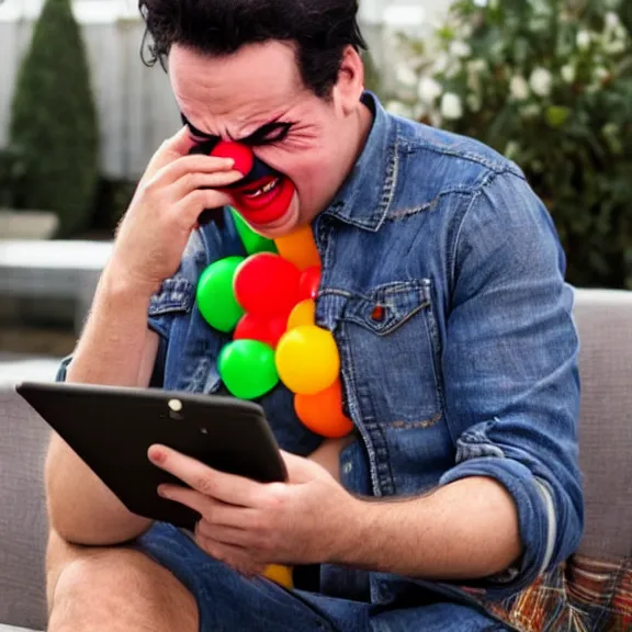 Image similar to clown crying while browsing twitter on his phone