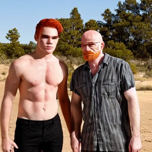 Prompt: redhead kj apa with bald walter white, still from breaking bad