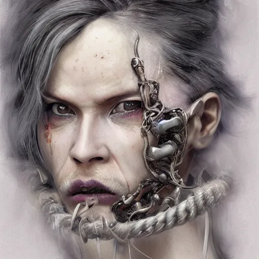 Image similar to portrait of a Shibari rope wrapped face and neck, headshot, insanely nice professional hair style, dramatic hair color, digital painting, of a old 15th century, old cyborg merchant, amber jewels, baroque, ornate clothing, scifi, realistic, hyperdetailed, chiaroscuro, concept art, art by Franz Hals and Jon Foster and Ayami Kojima and Amano and Karol Bak,