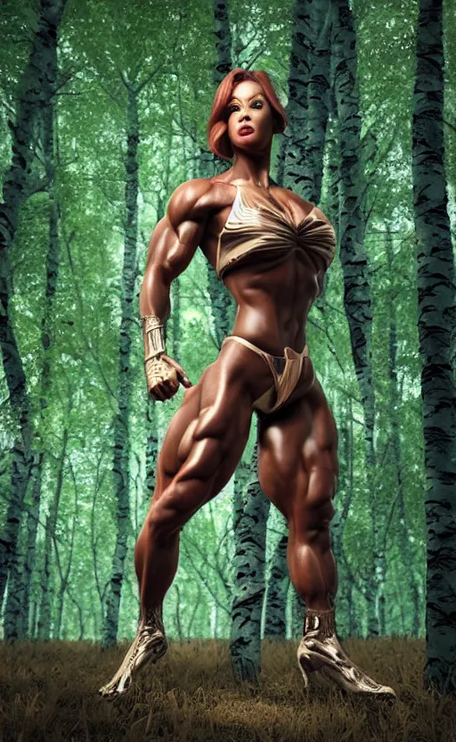 Image similar to photo of superbodybuilder woman posing standing with back in birch forest in jeff koons hip hop bauhaus style, beautiful detailed face, ultra realistic, concept art, intricate details, serious, highly detailed, photorealistic, octane render, 8 k, unreal engine, natural light, art by todd mcfarlane