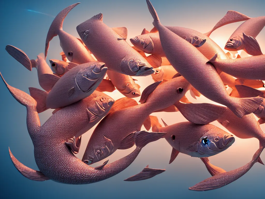 Image similar to a sculpture of fish group ocean intertwined, diode lighting, a lovely cornucopia of flowers and human body parts, body parts, highly detailed, octane render, cinematic, sharp focus, clean, studio lighting, sunset