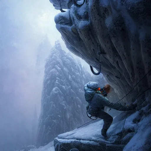 Image similar to climber, extreme cold, storm, octane rendering, volumetric lightning, hyperrealism, no blur, 4 k resolution, ultra detailed, style of ivan shishkin, tyler edlin, anato finnstark, edward robert hughes