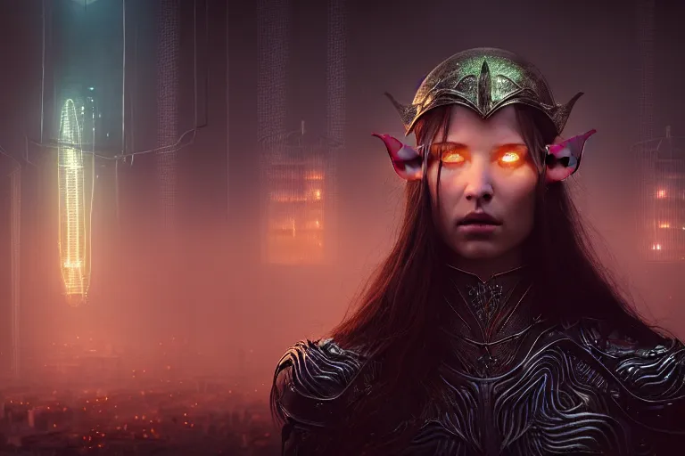 Image similar to an ultra realistic, cinematic, fantasy, headshot portrait, of an elden ring elf, fairy lights, facial features, overlooking a vast dystopian cityscape, with futuristic buildings and neon signs, detailed, deep focus, movie still, dramatic lighting, ray tracing, by michal karcz and yoshitaka amano