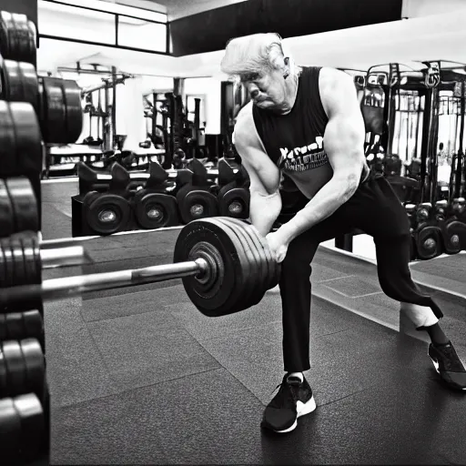 Prompt: donald trump professional trainer photo at the gym weightlifting dumbbells, 8 k, highly detailed, f 1 / 1 6 ss 1 1 0 iso 4 0 0