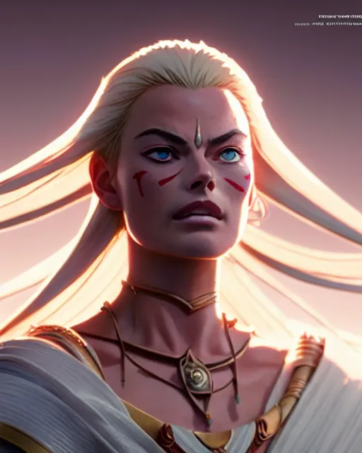 Image similar to azctec warrior, margot robbie, detailed perfect face, exquisite details, fire magic, mid view, design on a white background, by studio muti, greg rutkowski makoto shinkai takashi takeuchi studio ghibli