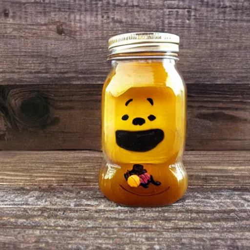 Image similar to a tiny winnie the pooh head = a jar of honey, surreal, realism