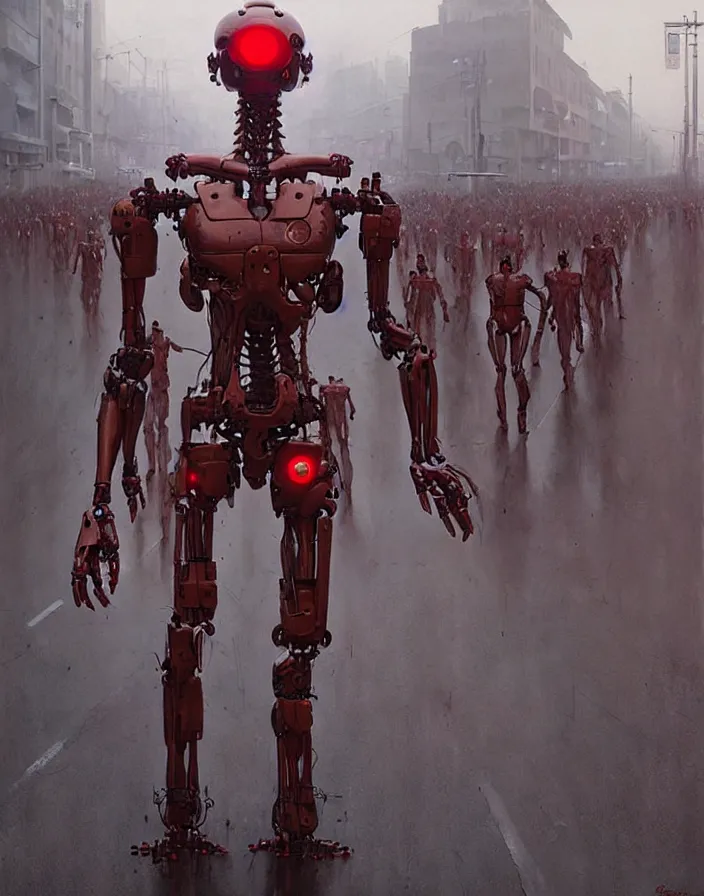 Image similar to a humanoid robot with red eyes marching down a street in los angeles, scifi, cinematic, horror, photorealism, hyper detailed, by greg rutkowski and zdzisław beksinski