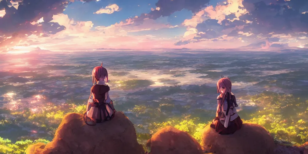 Image similar to isekai masterpiece anime girl sitting on a rock off to the side looking down upon swedish town, during dawn, cinematic, very warm colors, intense shadows, anime illustration, anime screenshot composite background