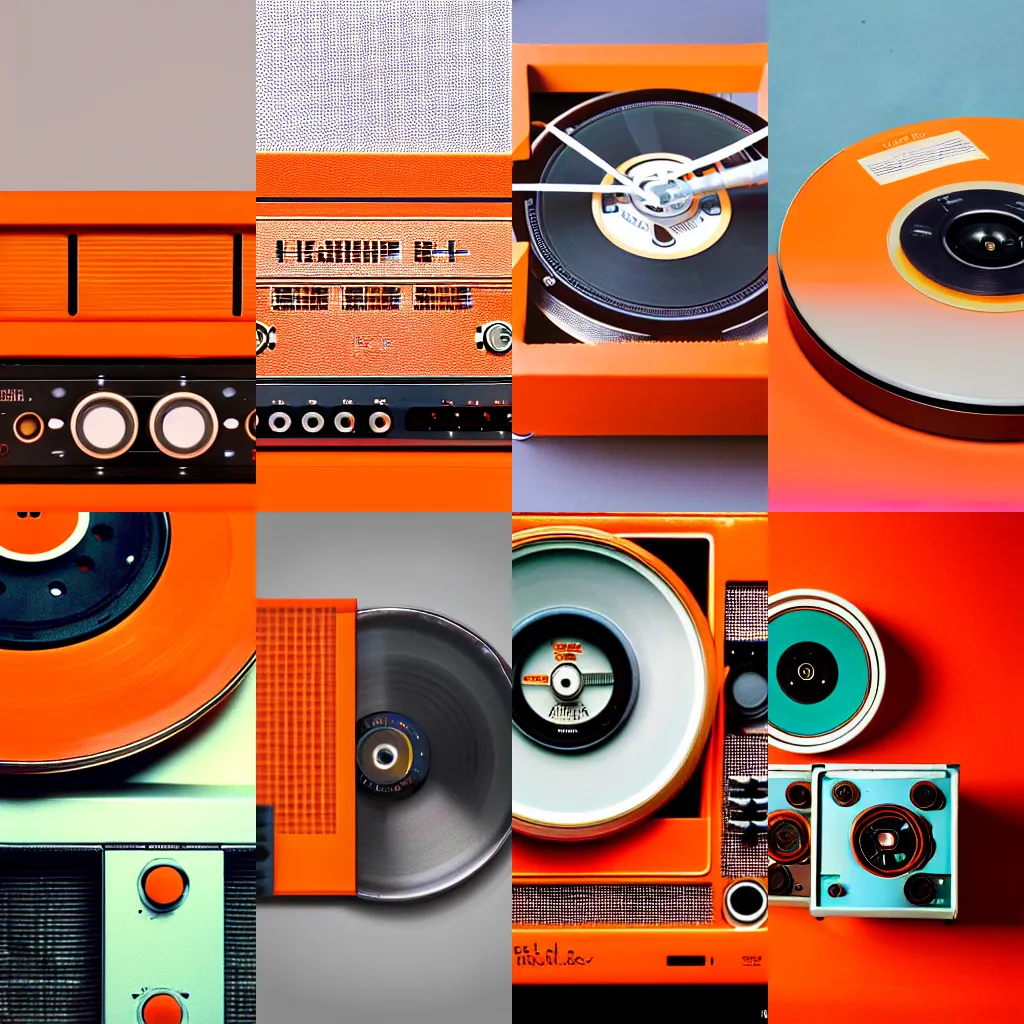 Prompt: reel to reel tape deck, matte orange finish, studio lighting, gradient background, product photography 1 9 8 0 s