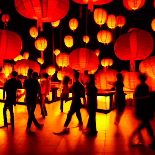 Prompt: night club, red chinese lanterns, people's silhouettes