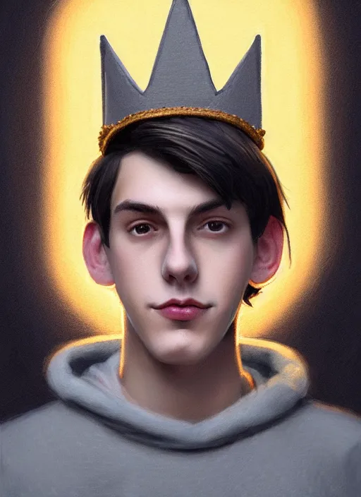 Image similar to portrait of teenage jughead jones wearing a light grey crown, photorealistic, crown, sweater with letter s on it, hamburger, eyes closed, crown, black hair, intricate, elegant, glowing lights, highly detailed, digital painting, artstation, concept art, smooth, sharp focus, illustration, art by wlop, mars ravelo and greg rutkowski