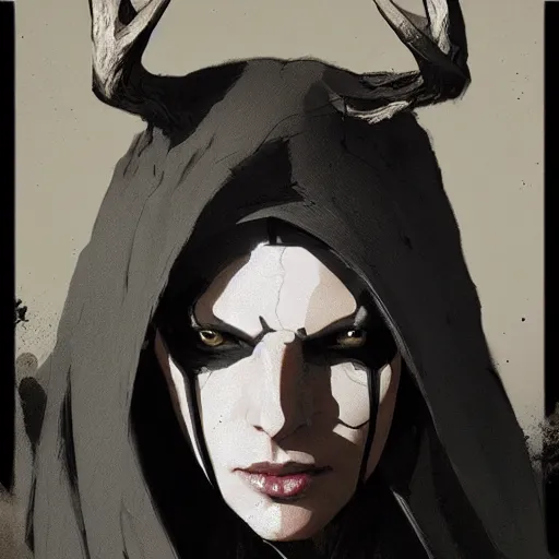 Prompt: portrait of a character wearing a black cloak, with a white mask in the shape of a deer skull, no antlers, dramatic lighting, illustration by Greg rutkowski, yoji shinkawa, 4k, digital art, concept art, trending on artstation