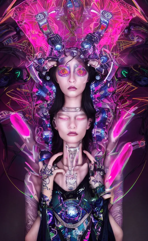 Image similar to hyperrealistic futuristic high fashion photography, girl in studio, full body, glowsticks, lsd, rave, cybernetic parts, asian, vogue magazine, nomad masterpiece, nano parts, neon lights, smoke, eerie music, beautiful intricate face and flawless skin, tribal jewelry, tattoos, perfect hands, head piece, by Edgar Maxence and Ross Tran and Michael Whelan, 8k, octane render