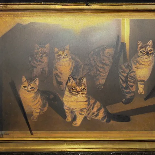 Image similar to cats conducting a fascist uprising, volumetric light, glare, oil in canvas