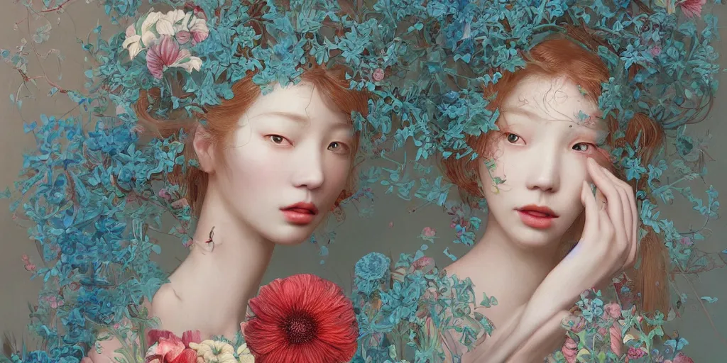 Prompt: breathtaking detailed concept art painting blend of two redhair goddess of light blue flowers by hsiao - ron cheng with anxious piercing eyes, vintage illustration pattern with bizarre compositions blend of flowers and fruits and birds by beto val and john james audubon, exquisite detail, extremely moody lighting, 8 k