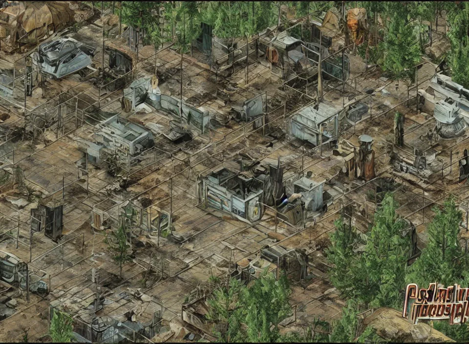 Image similar to Screenshot of the outside of an diseased pine forest in Fallout 2 (1998), isometric perspective, postapocalyptic, bird's eye view, prerendered isometric graphics, high quality