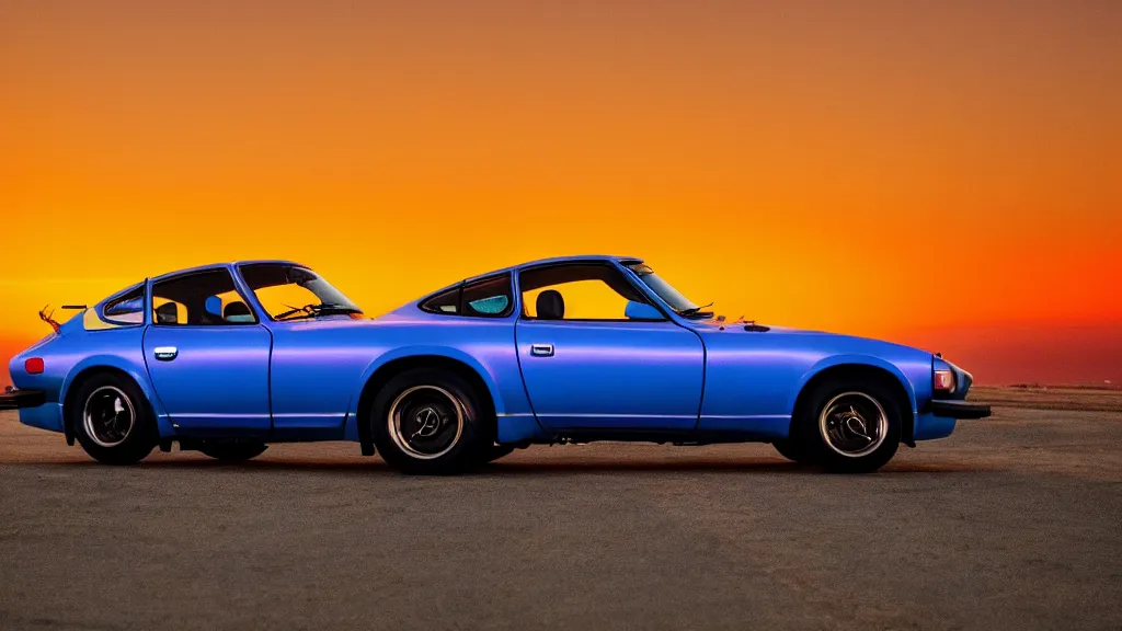 Image similar to neon synthwave 1 9 7 5 datsun 2 6 0 z at sunset, 8 k. filling most of the view