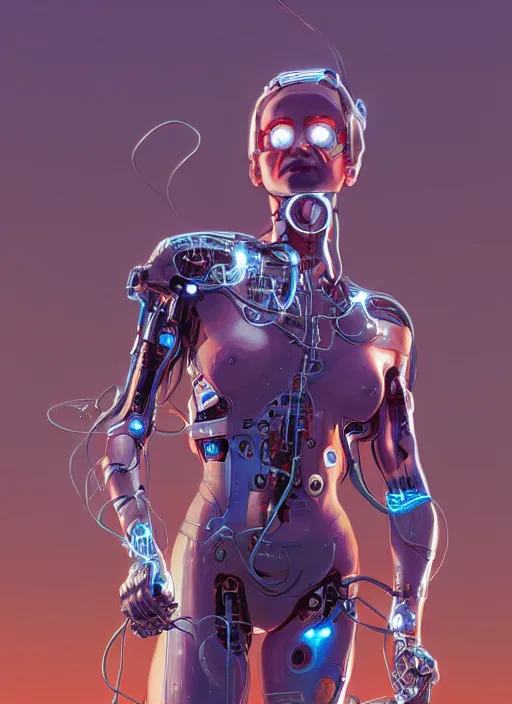 Image similar to a cyborg woman connected by cables bathed in a liquid by Michael Whelan and Tristan Eaton, highly detailed, trending on artstation