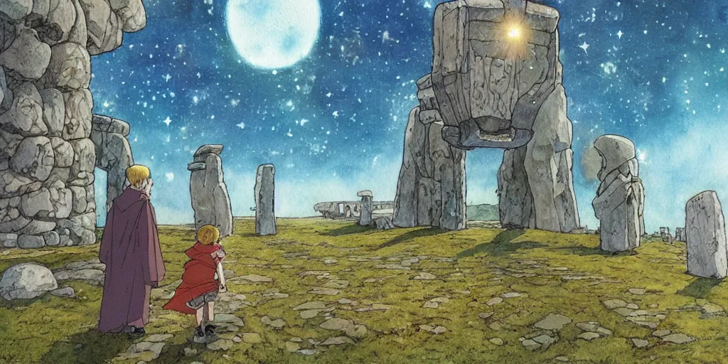 Image similar to a hyperrealist studio ghibli watercolor fantasy concept art of a giant medieval monk and a small grey alien in stonehenge with a starry sky in the background. a giant gold ufo is floating in the air. by rebecca guay, michael kaluta, charles vess