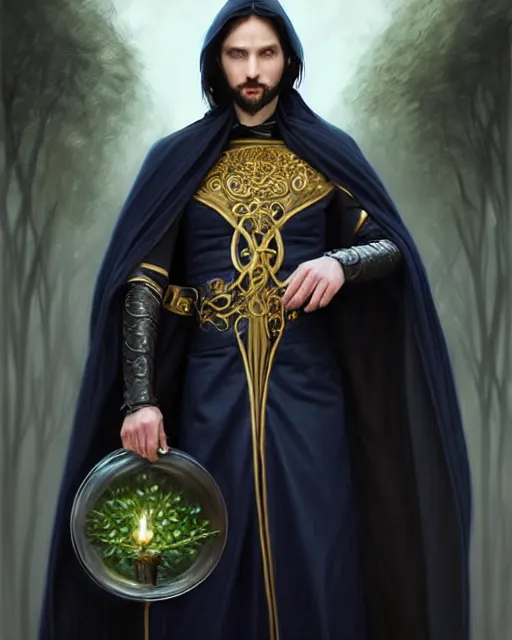 Image similar to handsome male wizard in a apothecary, long black hair blue eyes young face wearing cloth mantle gothic navy cloak with gold details, tree town, fantasy character portrait, ultra realistic, intricate, elegant, cinematic lighting, highly detailed, digital painting, artstation, smooth, sharp, focus, illustration, art by artgerm and greg rutkowski and alphonse mucha