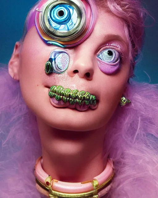 Prompt: natural light, soft focus portrait of a cyberpunk anthropomorphic turtle with soft synthetic pink skin, blue bioluminescent plastics, smooth shiny metal, elaborate ornate head piece, piercings, skin textures, by annie leibovitz, paul lehr