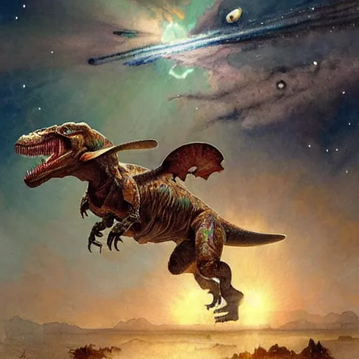 Prompt: a beautifull intricate watercolour painting of a tyrannosaurus rex equipped with guns flying in space with rockets with earth in the background, reflexions, verry high details by william turner art, greg rutkowski and alphonse mucha, trending on artstation, very very detailed, masterpiece, vibrant colors